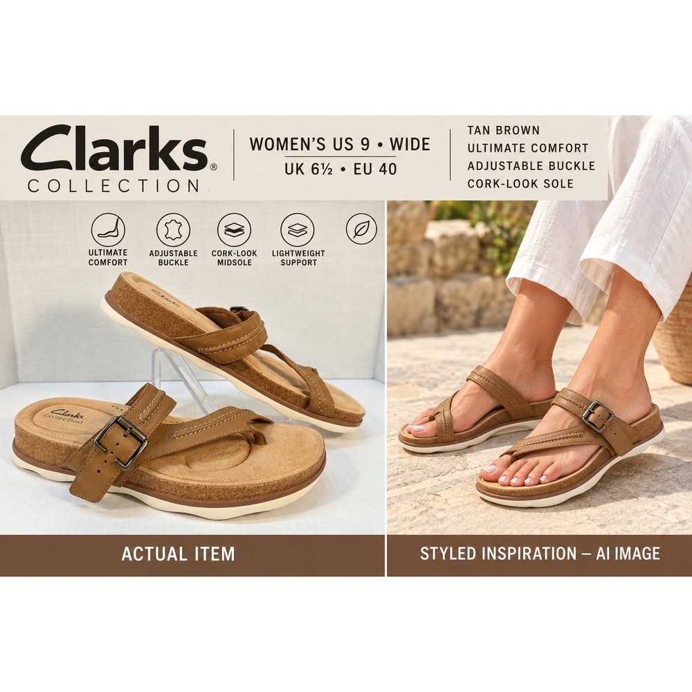 Clarks Collection Thong Sandals Womens 9 Wide Tan Brown Excellent Comfort Boho